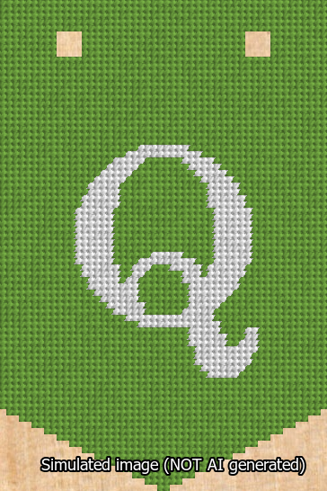 A simulated image of the stitched needlepoint design: Banner 13m Pointed Q White on Light Green. Not A.I. generated.