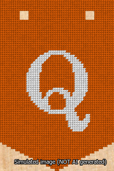 A simulated image of the stitched needlepoint design: Banner 13m Pointed Q White on Orange. Not A.I. generated.