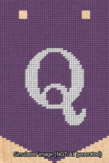 A simulated image of the stitched needlepoint design: Banner 13m Pointed Q White on Purple. Not A.I. generated.