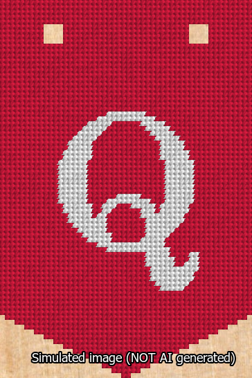 A simulated image of the stitched needlepoint design: Banner 13m Pointed Q White on Red. Not A.I. generated.