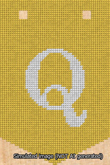 A simulated image of the stitched needlepoint design: Banner 13m Pointed Q White on Yellow. Not A.I. generated.