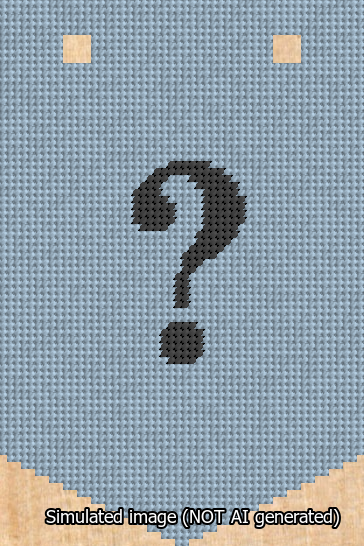 A simulated image of the stitched needlepoint design: Banner 13m Pointed Question Black on Light Blue. Not A.I. generated.