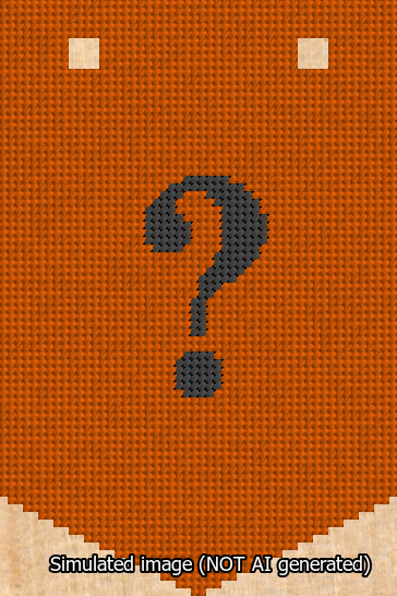 A simulated image of the stitched needlepoint design: Banner 13m Pointed Question Black on Orange. Not A.I. generated.