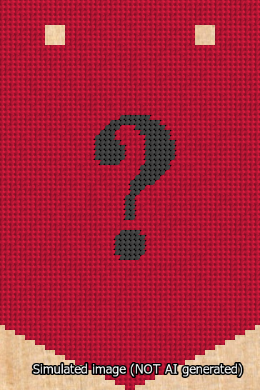 A simulated image of the stitched needlepoint design: Banner 13m Pointed Question Black on Red. Not A.I. generated.