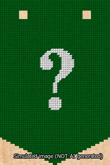 A simulated image of the stitched needlepoint design: Banner 13m Pointed Question White on Green. Not A.I. generated.