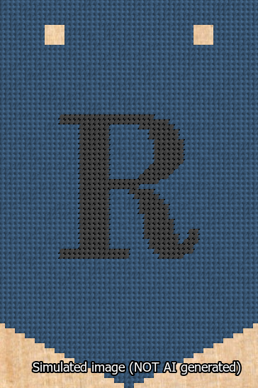A simulated image of the stitched needlepoint design: Banner 13m Pointed R Black on Blue. Not A.I. generated.