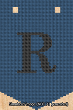 A simulated image of the stitched needlepoint design: Banner 13m Pointed R Black on Blue. Not A.I. generated.