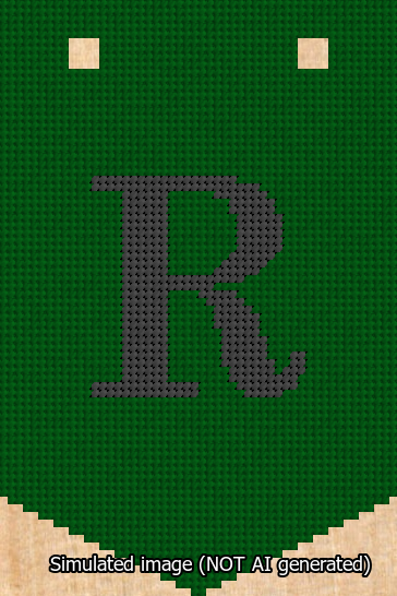 A simulated image of the stitched needlepoint design: Banner 13m Pointed R Black on Green. Not A.I. generated.