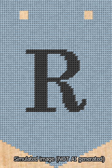 A simulated image of the stitched needlepoint design: Banner 13m Pointed R Black on Light Blue. Not A.I. generated.