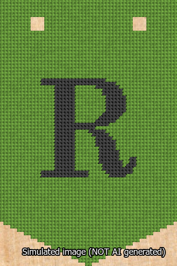 A simulated image of the stitched needlepoint design: Banner 13m Pointed R Black on Light Green. Not A.I. generated.