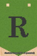 A simulated image of the stitched needlepoint design: Banner 13m Pointed R Black on Light Green. Not A.I. generated.