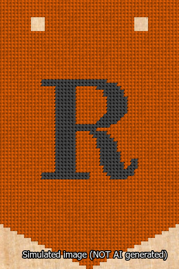A simulated image of the stitched needlepoint design: Banner 13m Pointed R Black on Orange. Not A.I. generated.