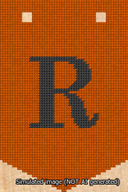 A simulated image of the stitched needlepoint design: Banner 13m Pointed R Black on Orange. Not A.I. generated.