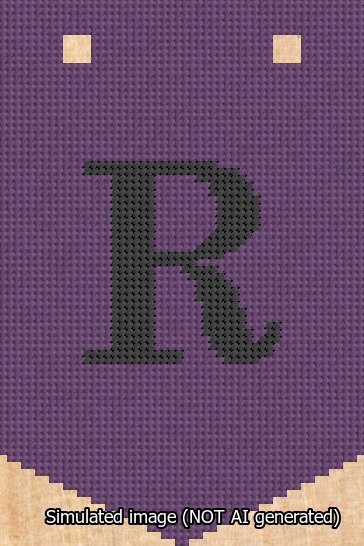 A simulated image of the stitched needlepoint design: Banner 13m Pointed R Black on Purple. Not A.I. generated.