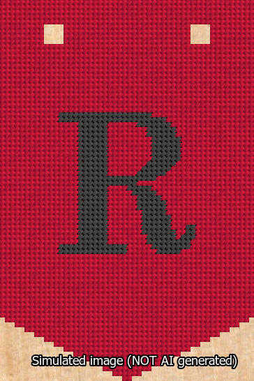 A simulated image of the stitched needlepoint design: Banner 13m Pointed R Black on Red. Not A.I. generated.