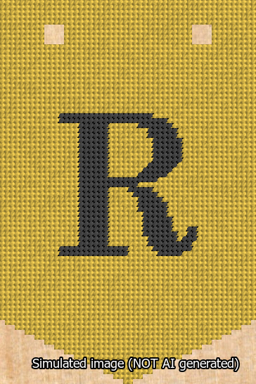 A simulated image of the stitched needlepoint design: Banner 13m Pointed R Black on Yellow. Not A.I. generated.