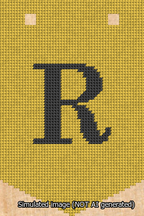 A simulated image of the stitched needlepoint design: Banner 13m Pointed R Black on Yellow. Not A.I. generated.
