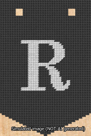 A simulated image of the stitched needlepoint design: Banner 13m Pointed R White on Black. Not A.I. generated.