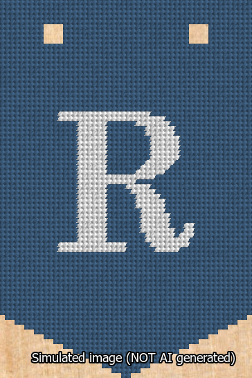 A simulated image of the stitched needlepoint design: Banner 13m Pointed R White on Blue. Not A.I. generated.