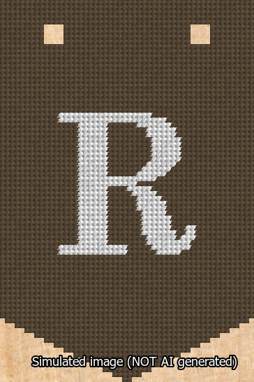 A simulated image of the stitched needlepoint design: Banner 13m Pointed R White on Brown. Not A.I. generated.