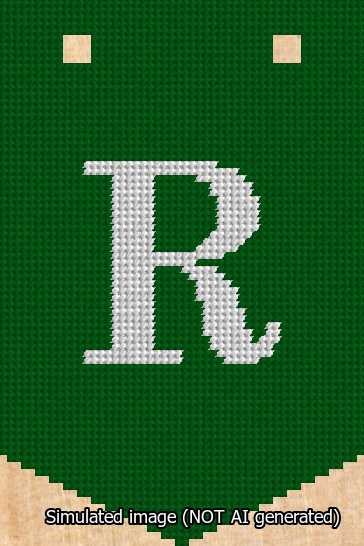 A simulated image of the stitched needlepoint design: Banner 13m Pointed R White on Green. Not A.I. generated.