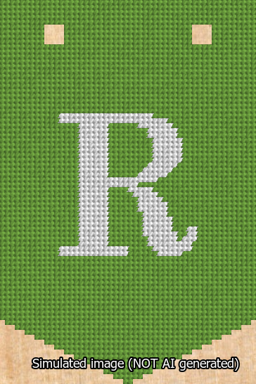 A simulated image of the stitched needlepoint design: Banner 13m Pointed R White on Light Green. Not A.I. generated.