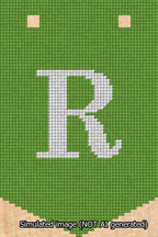 A simulated image of the stitched needlepoint design: Banner 13m Pointed R White on Light Green. Not A.I. generated.