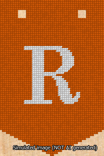 A simulated image of the stitched needlepoint design: Banner 13m Pointed R White on Orange. Not A.I. generated.