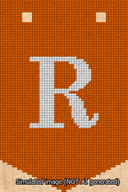 A simulated image of the stitched needlepoint design: Banner 13m Pointed R White on Orange. Not A.I. generated.