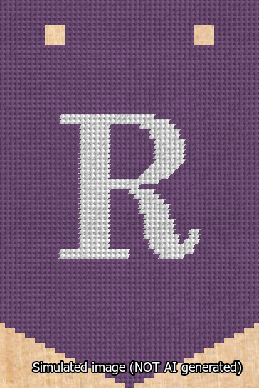 A simulated image of the stitched needlepoint design: Banner 13m Pointed R White on Purple. Not A.I. generated.