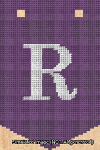A simulated image of the stitched needlepoint design: Banner 13m Pointed R White on Purple. Not A.I. generated.