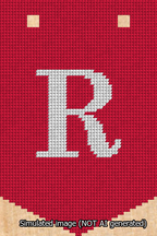 A simulated image of the stitched needlepoint design: Banner 13m Pointed R White on Red. Not A.I. generated.
