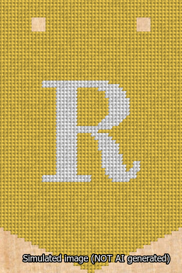 A simulated image of the stitched needlepoint design: Banner 13m Pointed R White on Yellow. Not A.I. generated.
