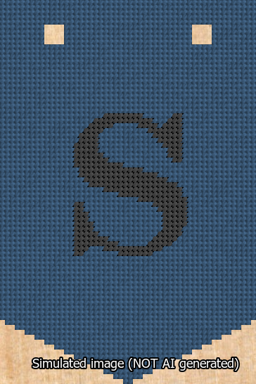 A simulated image of the stitched needlepoint design: Banner 13m Pointed S Black on Blue. Not A.I. generated.