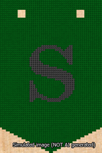A simulated image of the stitched needlepoint design: Banner 13m Pointed S Black on Green. Not A.I. generated.