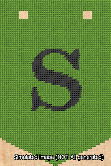 A simulated image of the stitched needlepoint design: Banner 13m Pointed S Black on Light Green. Not A.I. generated.