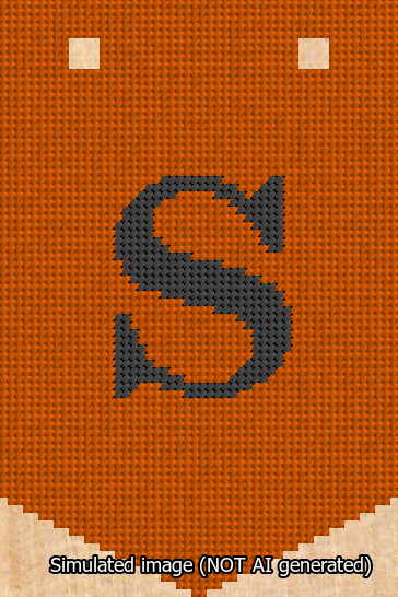 A simulated image of the stitched needlepoint design: Banner 13m Pointed S Black on Orange. Not A.I. generated.