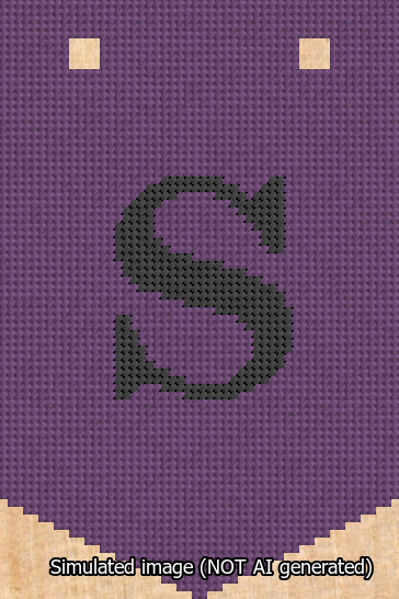 A simulated image of the stitched needlepoint design: Banner 13m Pointed S Black on Purple. Not A.I. generated.