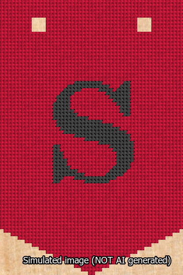 A simulated image of the stitched needlepoint design: Banner 13m Pointed S Black on Red. Not A.I. generated.