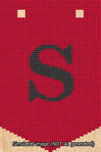A simulated image of the stitched needlepoint design: Banner 13m Pointed S Black on Red. Not A.I. generated.