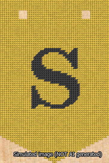 A simulated image of the stitched needlepoint design: Banner 13m Pointed S Black on Yellow. Not A.I. generated.