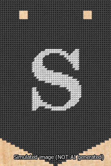 A simulated image of the stitched needlepoint design: Banner 13m Pointed S White on Black. Not A.I. generated.