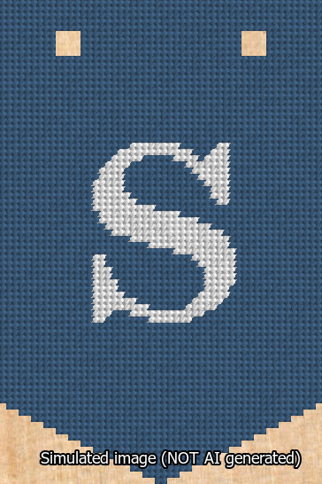 A simulated image of the stitched needlepoint design: Banner 13m Pointed S White on Blue. Not A.I. generated.