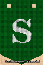 A simulated image of the stitched needlepoint design: Banner 13m Pointed S White on Green. Not A.I. generated.