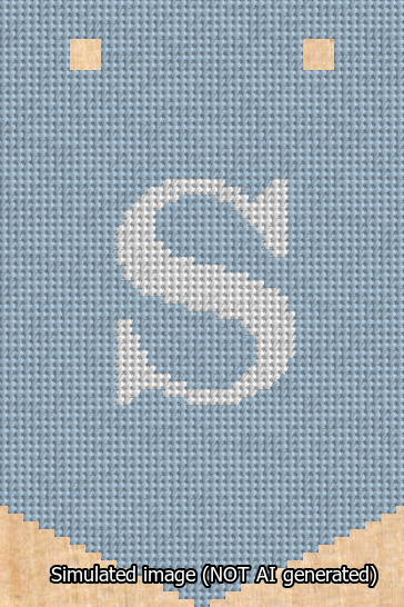 A simulated image of the stitched needlepoint design: Banner 13m Pointed S White on Light Blue. Not A.I. generated.