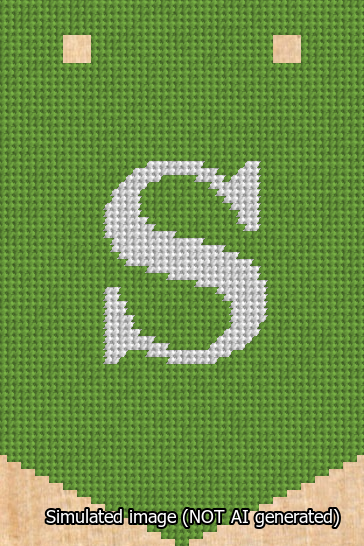 A simulated image of the stitched needlepoint design: Banner 13m Pointed S White on Light Green. Not A.I. generated.