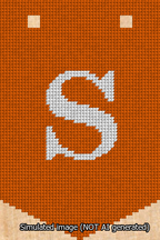A simulated image of the stitched needlepoint design: Banner 13m Pointed S White on Orange. Not A.I. generated.