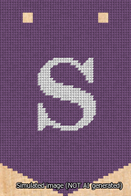A simulated image of the stitched needlepoint design: Banner 13m Pointed S White on Purple. Not A.I. generated.