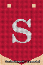 A simulated image of the stitched needlepoint design: Banner 13m Pointed S White on Red. Not A.I. generated.