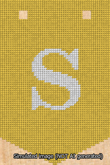 A simulated image of the stitched needlepoint design: Banner 13m Pointed S White on Yellow. Not A.I. generated.